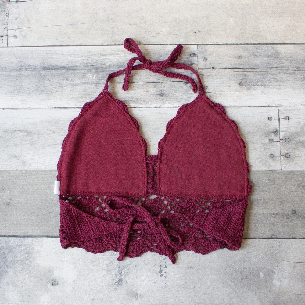 Boho Halter Crochet Crop Wine Bralette Swim Top - Picture 3 of 5